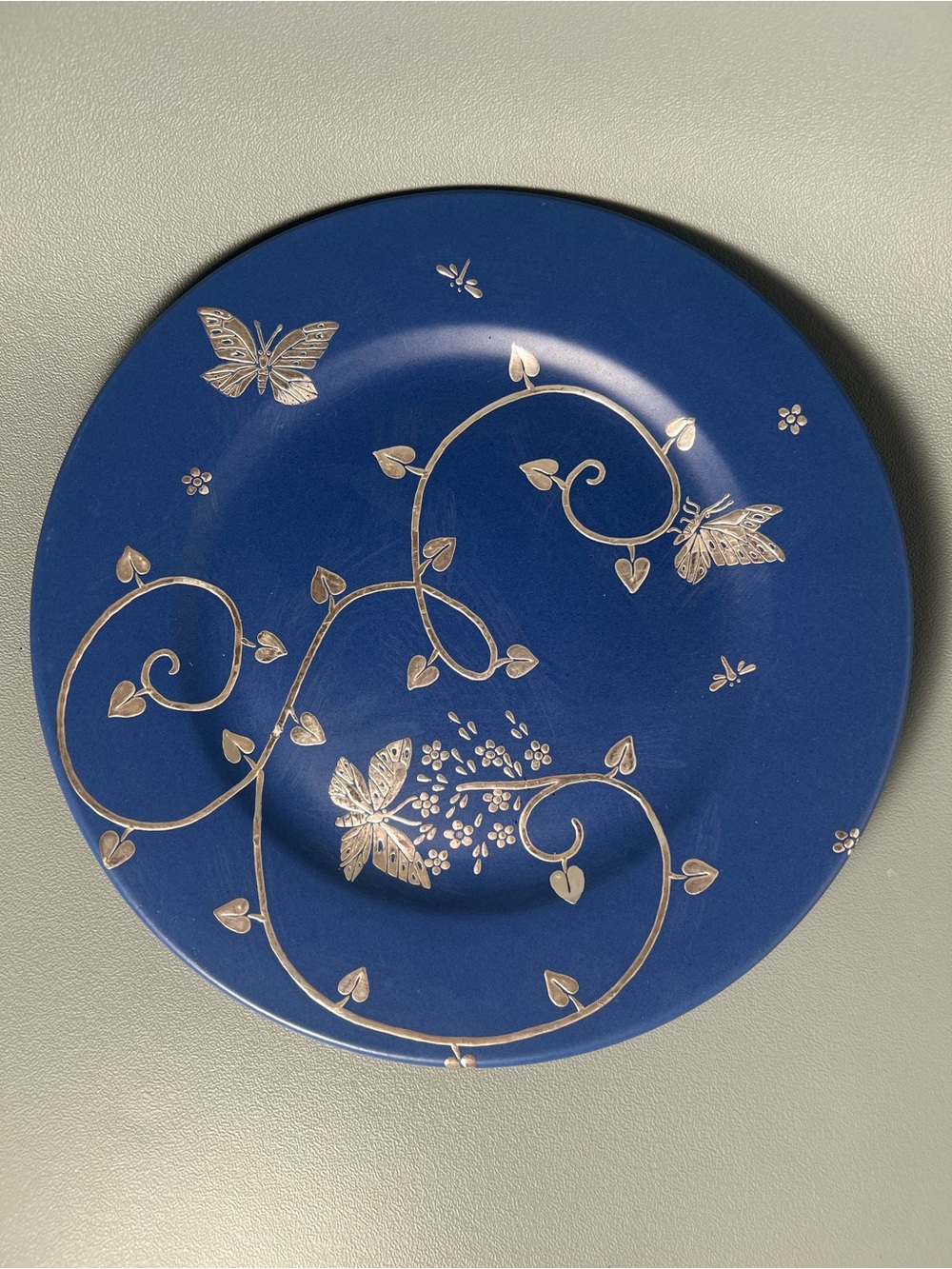 Emilia Castillo Blue Ceramic Plate Pure Silver Inlay Butterflies Vines